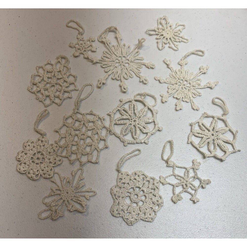 Assorted Hand Crocheted Starched Snowflake Ornaments - Lot of 12